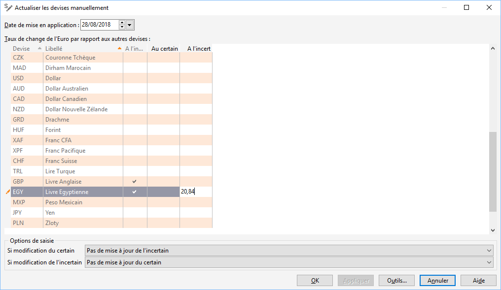 Interface d&#39;actualisation manuelle des devises