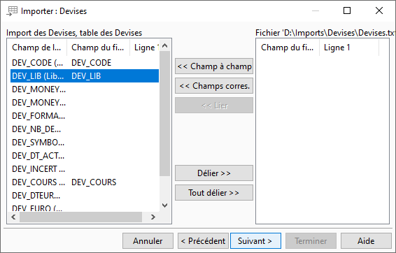 Correspondance des champs