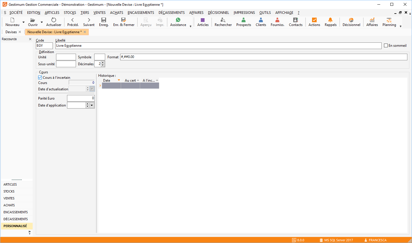 Interface de configuration d&#39;une devise