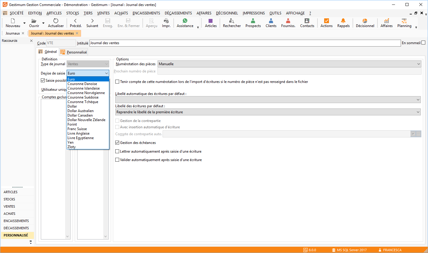 Configuration de la devise dans le journal