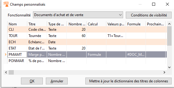 Interface de configuration des formules
