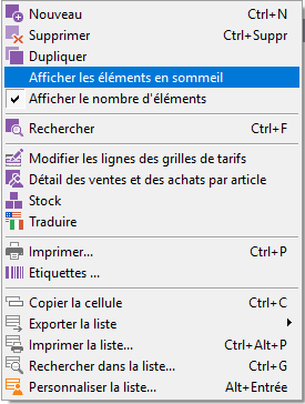 Menu listes articles