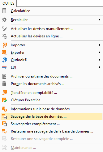 Menu Outils Sauvegarder