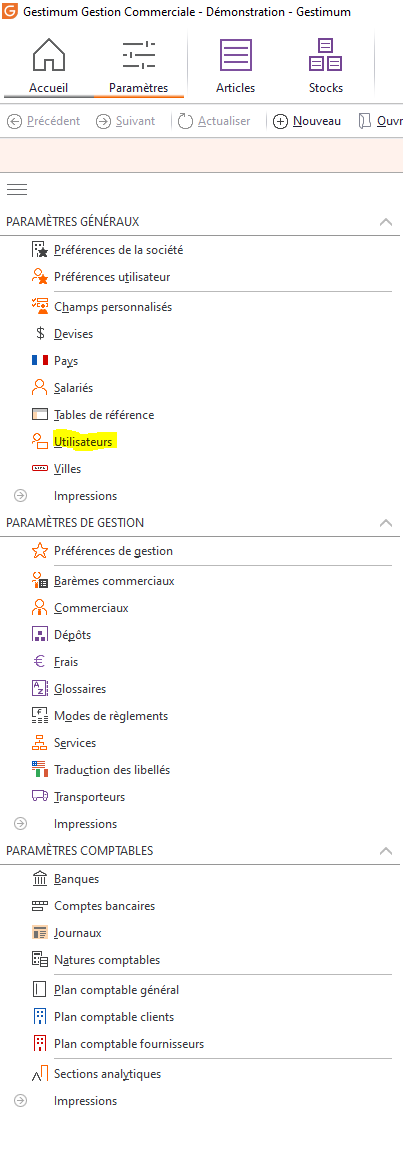 Menu utilisateurs