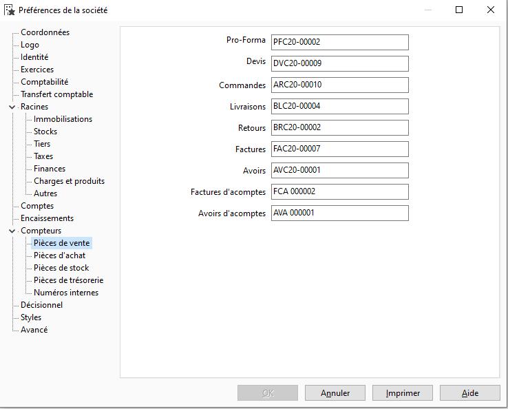 Interface des compteurs de pièces de vente
