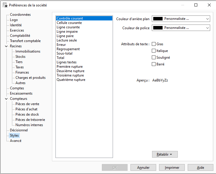 Interface de configuration des styles