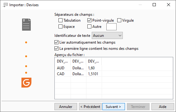 Choix du séparateur de champs