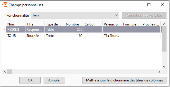 Interface de configuration d&#39;une table liée