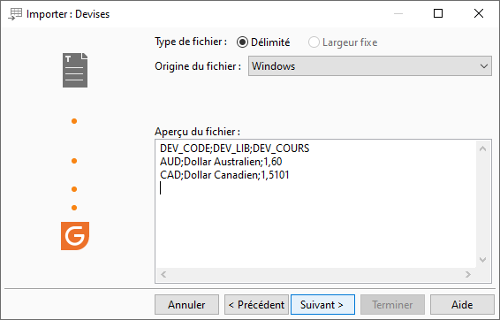 Sélection du type de fichier