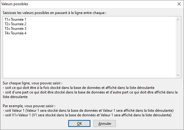 Interface de configuration des valeurs possibles