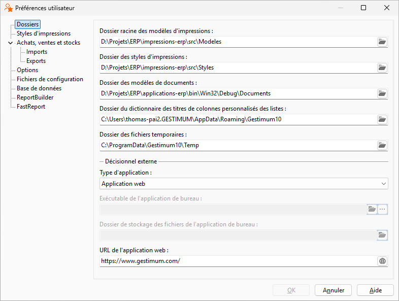 Interface de configuration des dossiers