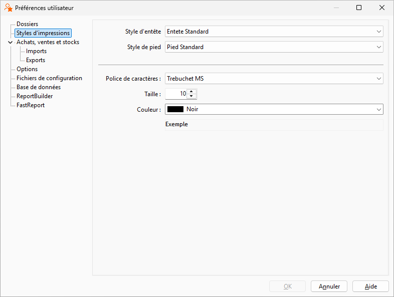 Interface des styles d&#39;impression